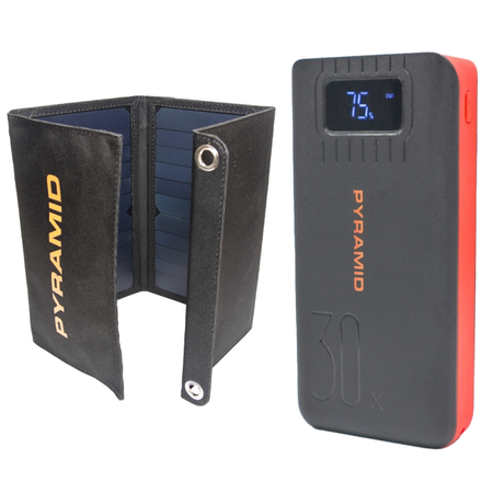 Kit camping si pescuit PYRAMID, compus din Panou solar 20W cu 2 USB si Power Bank 30000 mAh, 22.5W, cu 2 x USB, quick charge