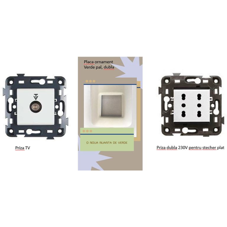 Pachet priza dubla 230V Alba + Priza Tv Alba + Placa ornament Verde Eco60