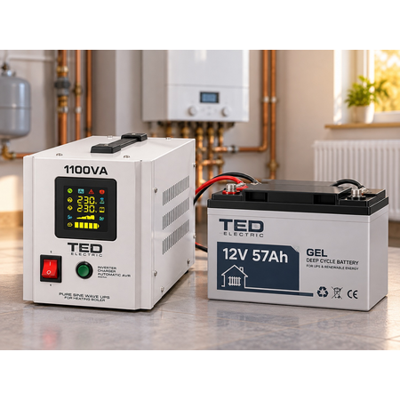 Pachet UPS Centrala Termica 1100VA 700W cu Acumulator GEL Deep Cycle 12V 57Ah