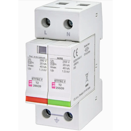 Descarcator la supratensiune ETI ETITEC V T2 280/20 1+1, cod 002443012, tip 2, monofazat