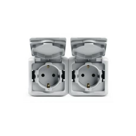 Priza schuko 2 x 2p+t, 16 a - 250 va cu protectie pentru copii, ip44, gri