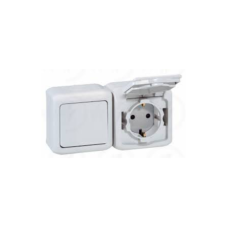 Intrerupator simplu + priza schuko 2p+t, 16 a - 250 va cu protectie pentru copii, ip44, gri