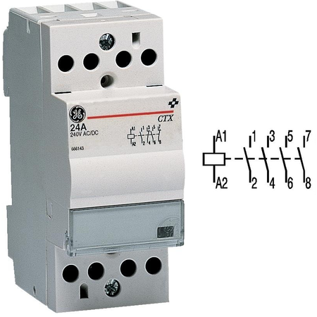 Contactor modular contax, 24a, 240v, ca/cc, 2 module, 4nd, alb