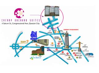 The Cherry Orchard Vicinity Map, From Cherry Orchard suites, get to your destination in just  minutes!SM City North Edsa- 5 mins. Away, Ayala Trinoma- 5 mins. away, Quezon City hall -7 mins. away