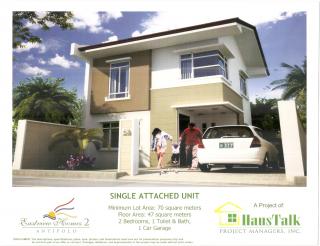 Lot area 70-136 sqm, floor area 47 sqm,2 bedroom, 1 car garage,1toilet and bath (provision for 2nd toilet and bath). Provisions for revision upon request of the buyer.