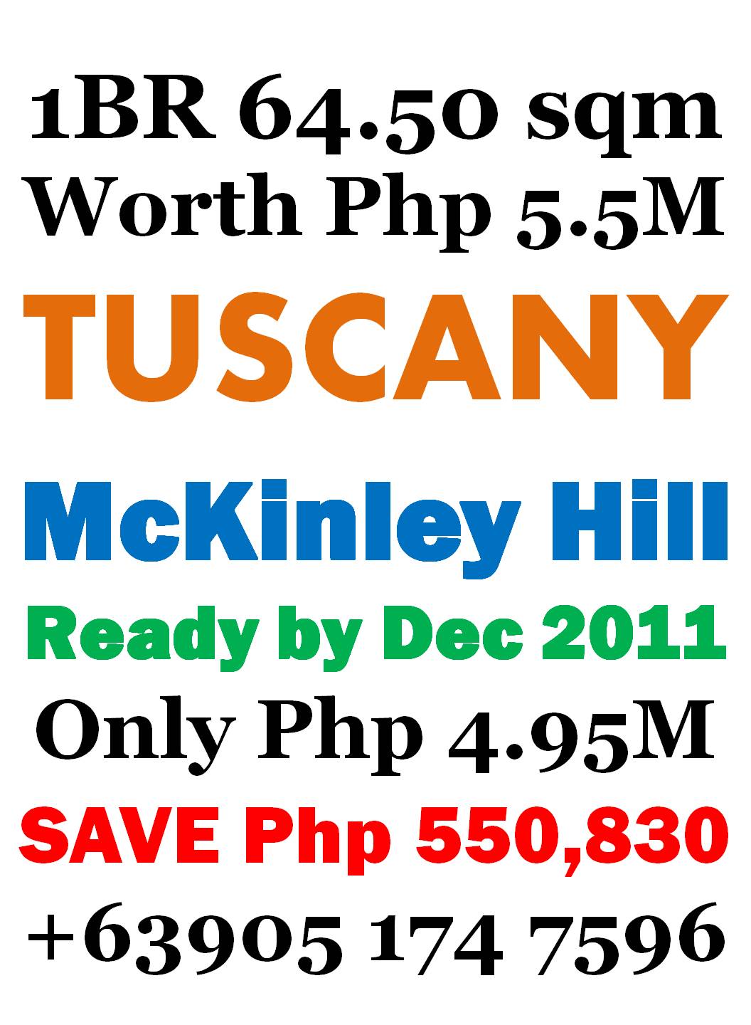 1 BedRoom Loft 64.5sqm - Save Php 550,830 - Tuscany McKinley Hill 