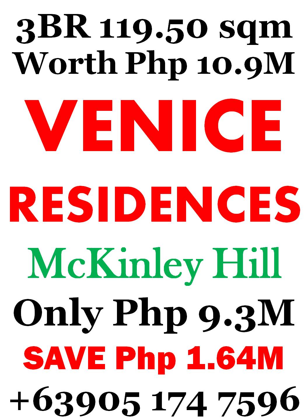 Php 9.3M - 3 BedRoom Condo + Balcony Venice McKinley Hill - Php 1.64M OFF