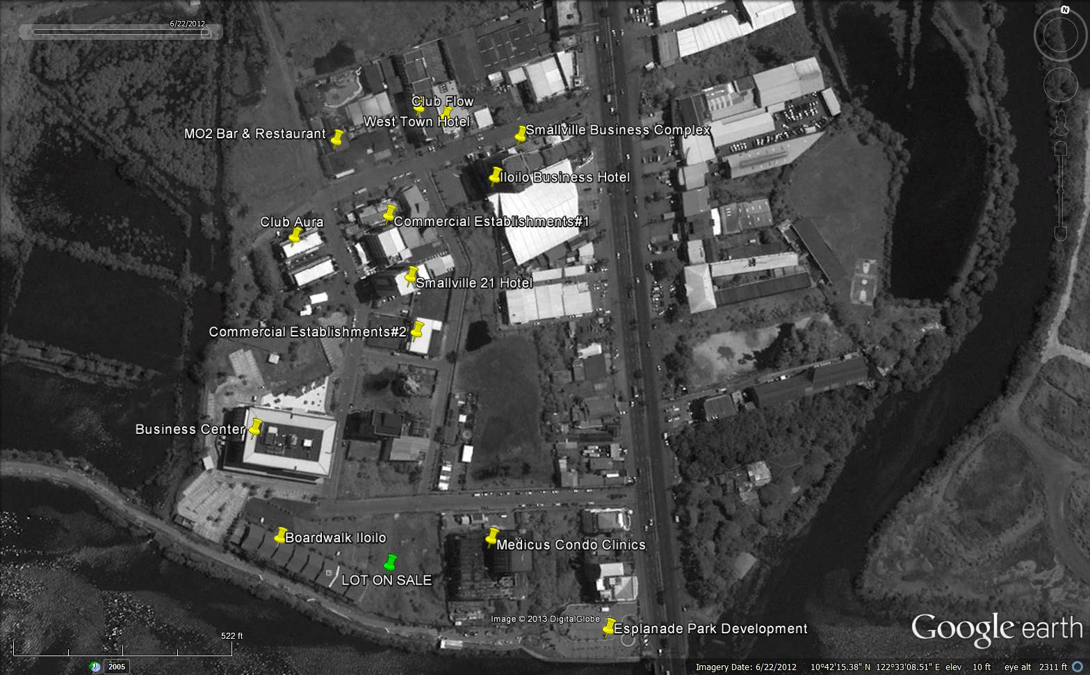 The most recent satellite image of the Smallville district we have available. Image Date: 6/22/2012. Note, the Esplanade Park in the South East has been recently completed.