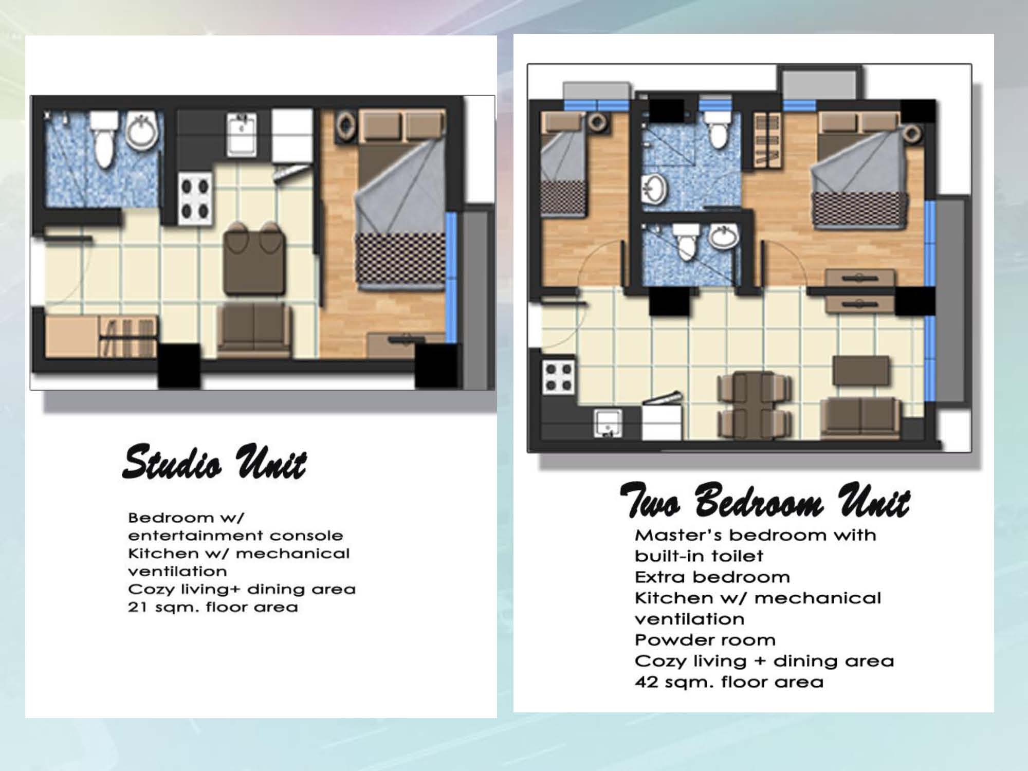 Studio and 2 BR unit layout