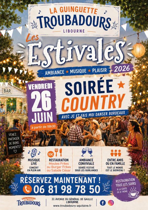 Les Estivales SOIREE COUNTRY avec JC et Fais moi danser Bordeaux + SOIREE MOULES FRITES