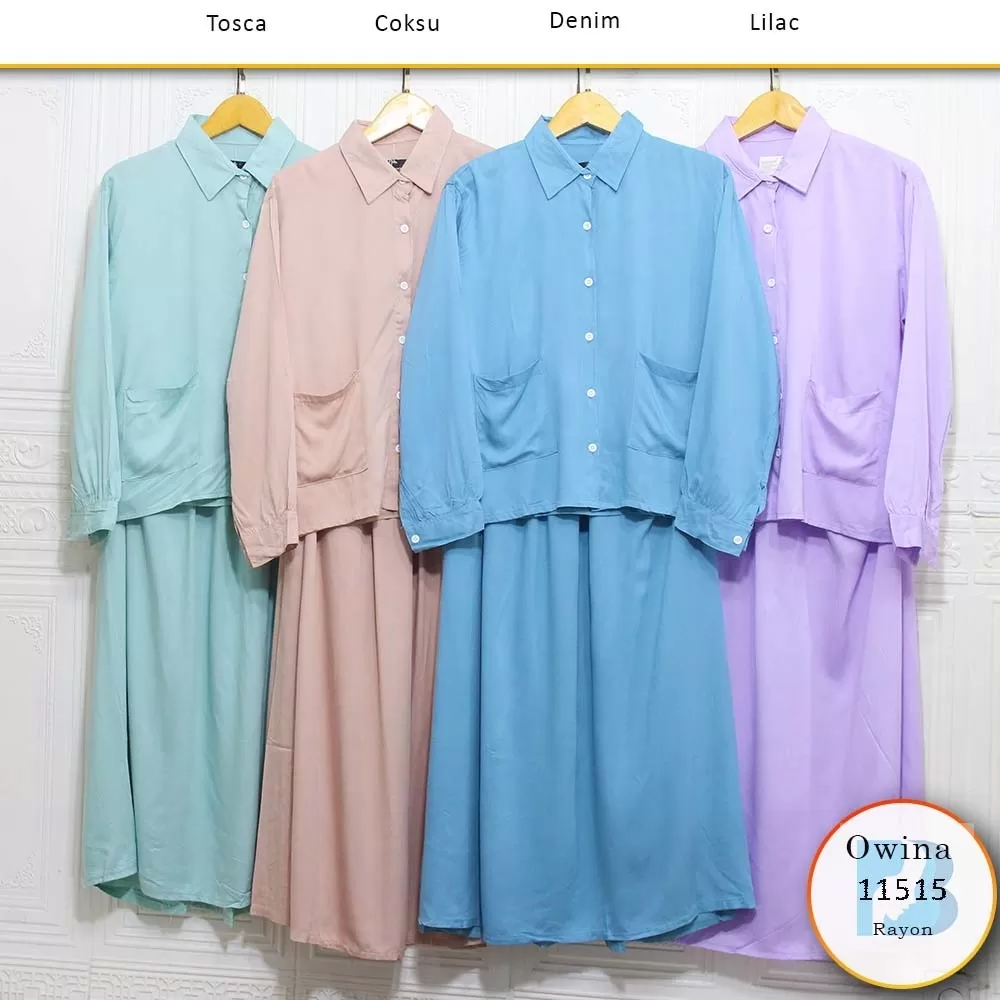 Setelan Rok Rayon Premium Kerah Full Kancing Saku Depan Owina 11515 Rayon - bajubaru.id, Belanja Online di bajubaru.id saja 