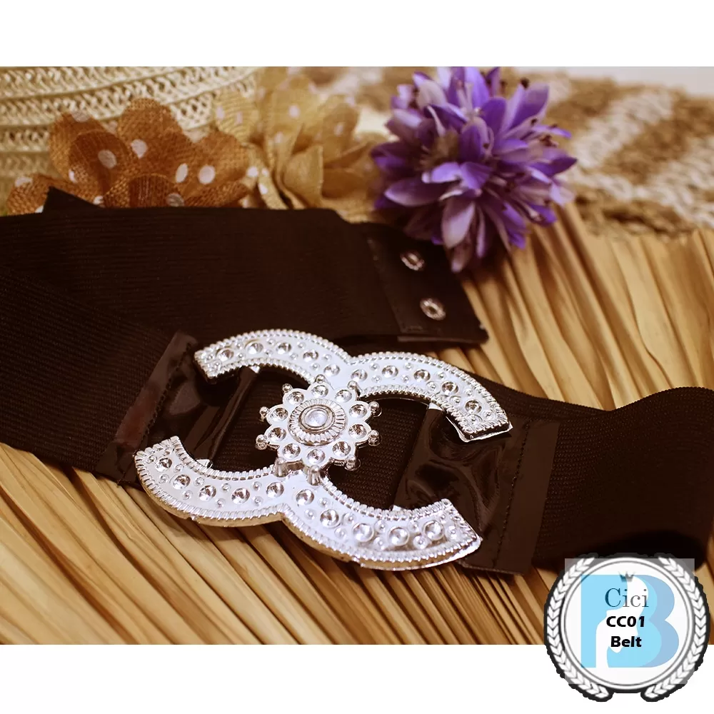 Belt Kepala Silver CC Karet Hitam Elastis Cici