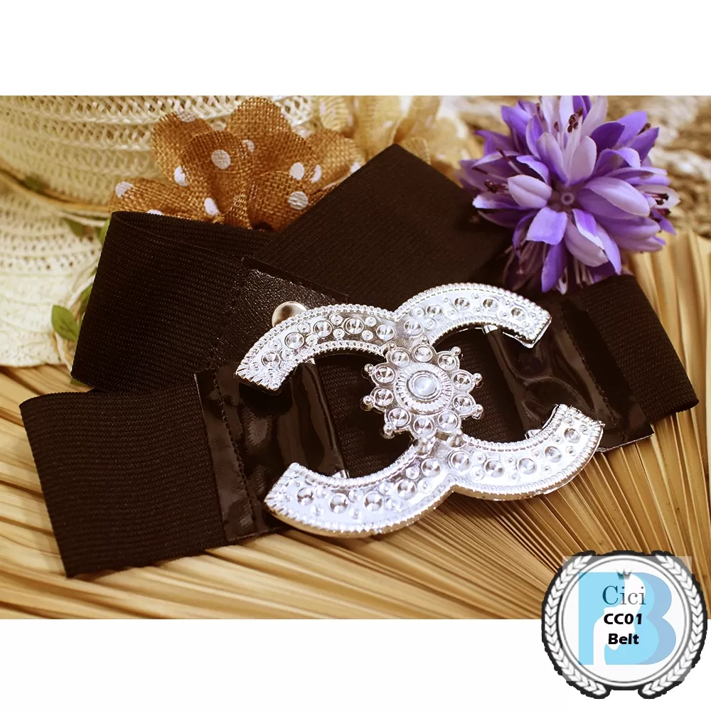 Belt Kepala Silver CC Karet Hitam Elastis Cici