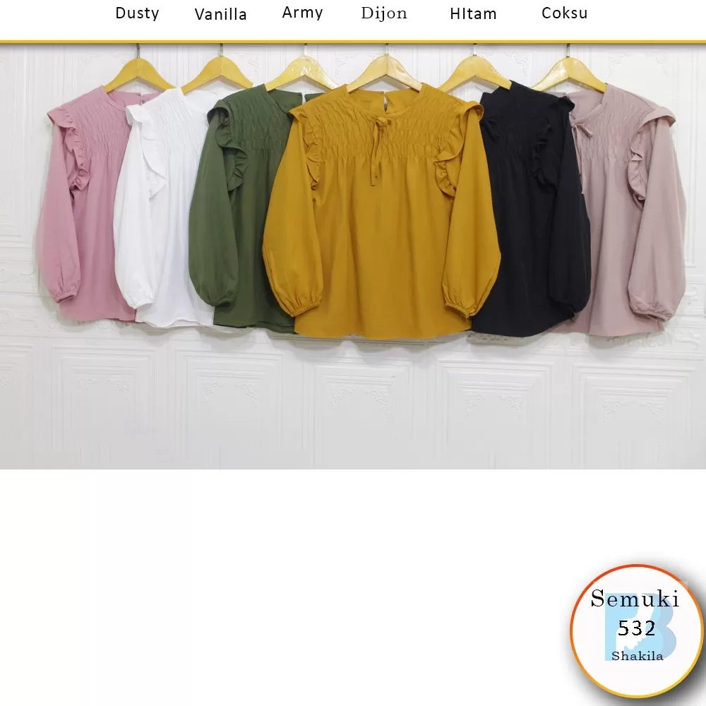 Kemeja Blouse Shakilla Kerah Sanghai Tali Pita Smok Dada Lengan Ruffle Semuki 532 shakila - bajubaru.id, Belanja Online di bajubaru.id saja 