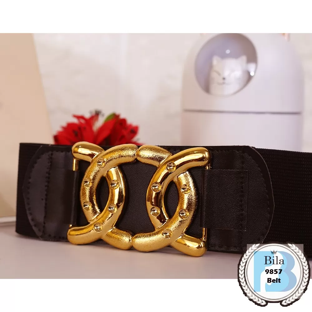 Belt Karet Hitam Elastis Kepala Gold Kancing Tindih Bila