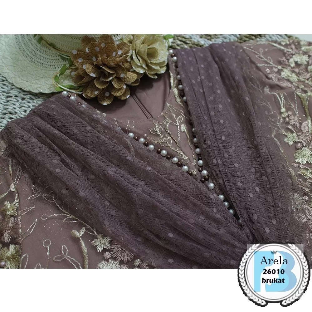 Gamis Pesta Brukat Tile Dot Variasi Mutiara Lengan Balon Arela