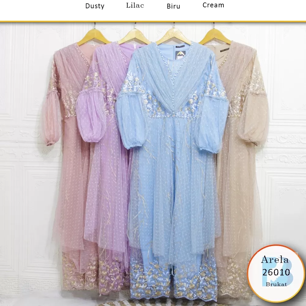 Gamis Pesta Brukat Tile Dot Variasi Mutiara Lengan Balon Arela