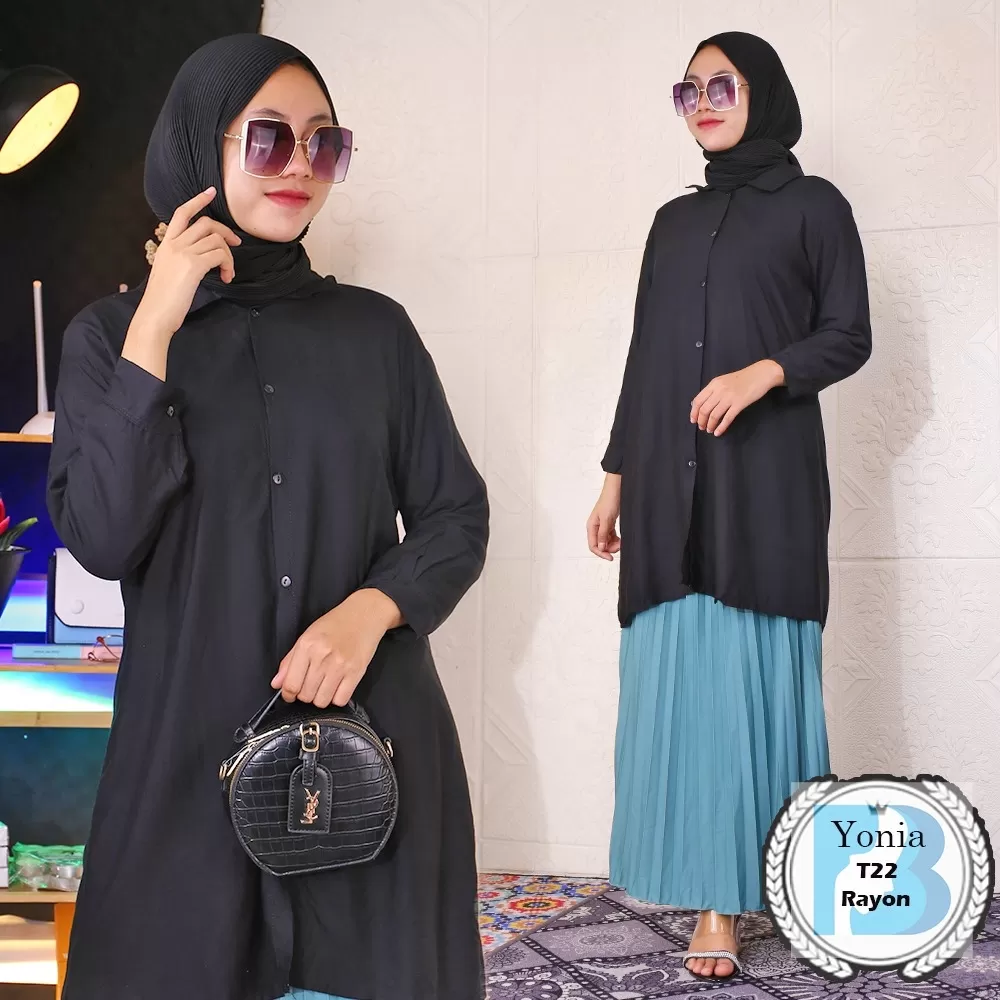 Tunik Kemeja Kerah Full Kancing Rayon Polos Yonia