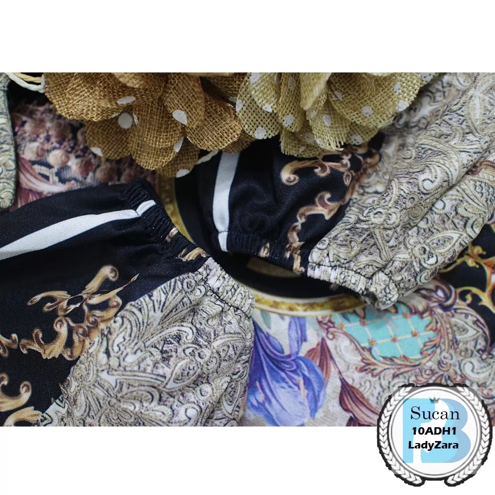 Gamis Kerah Korea Busui Sleting Lady Zara Motif Bunga Lipit Depan Free Belt Sucan