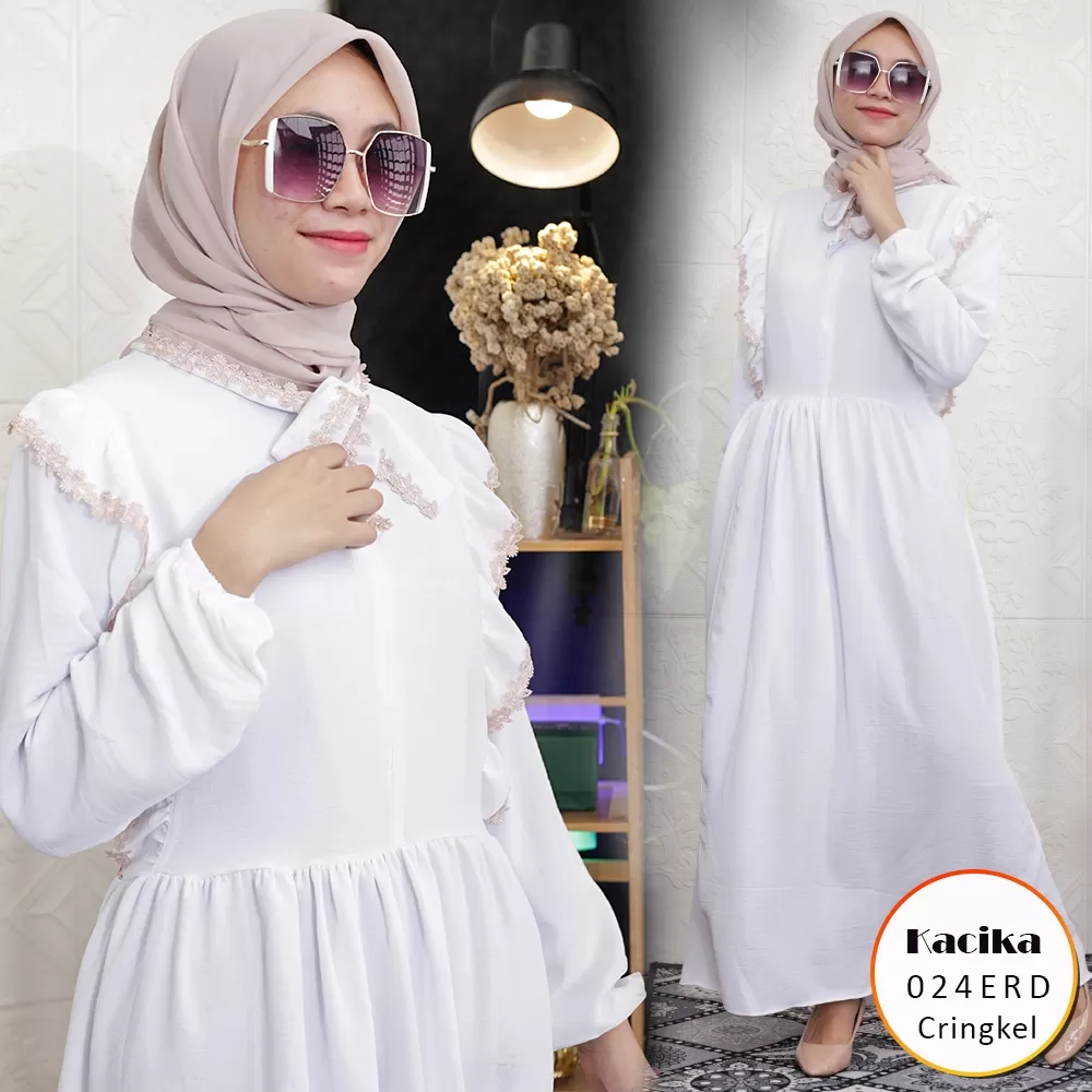 Gamis Wanita Busui Terbaru Kringkel Airflow Tali Pita Nyatu Kerah Ruffle Dada Variasi Renda Kacika