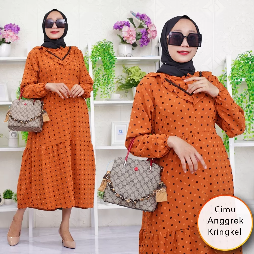 Midi Dress Wanita Kringkel Ruby Twotone Ruffle Dada Variasi Renda Busui Sleting Rimpel Keliling Cimu