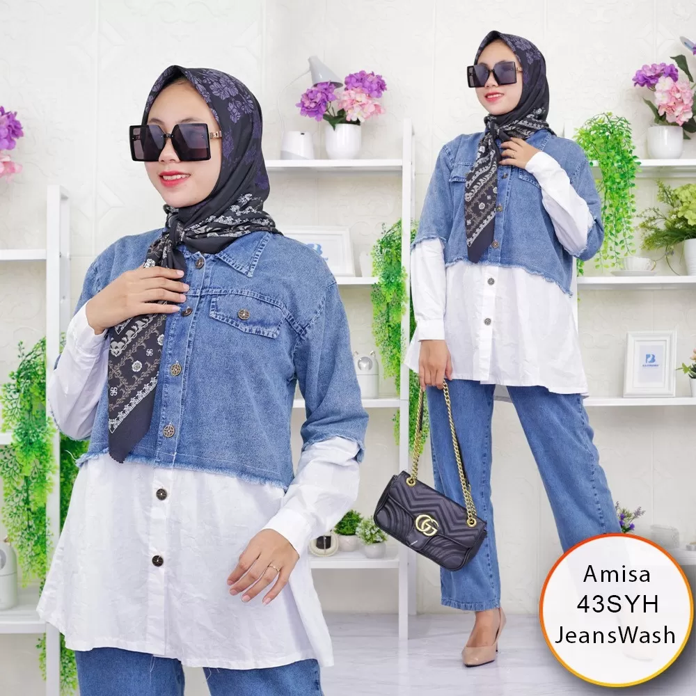 Oneset 2in1 Tunik Jeans Wash Mix Katun Full Kancing Variasi Saku Amisa 43SYH Jean wash - bajubaru.id, Belanja Online di bajubaru.id saja 