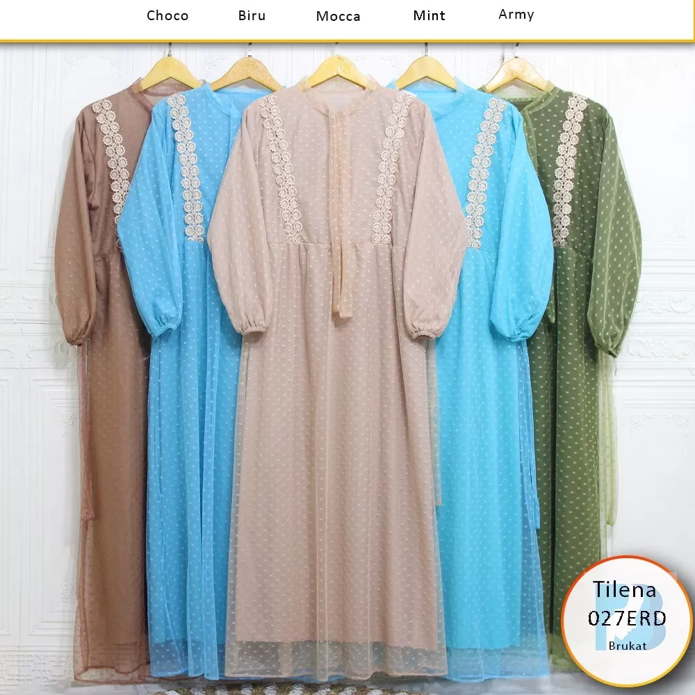 Gamis Pesta Brukat Tile Furing Tali Pita Leher Busui Sleting Variasi Renda Tilena