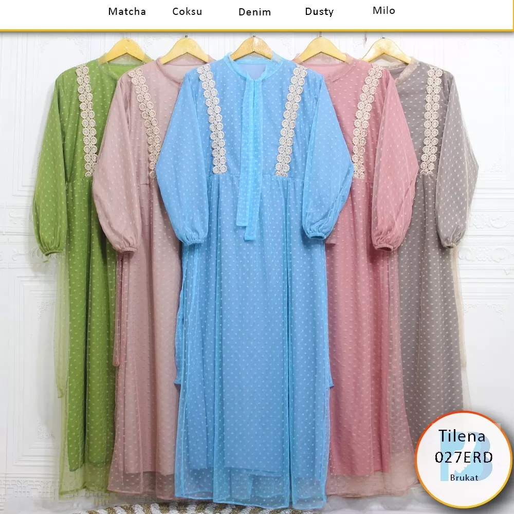 Gamis Pesta Brukat Tile Furing Tali Pita Leher Busui Sleting Variasi Renda Tilena