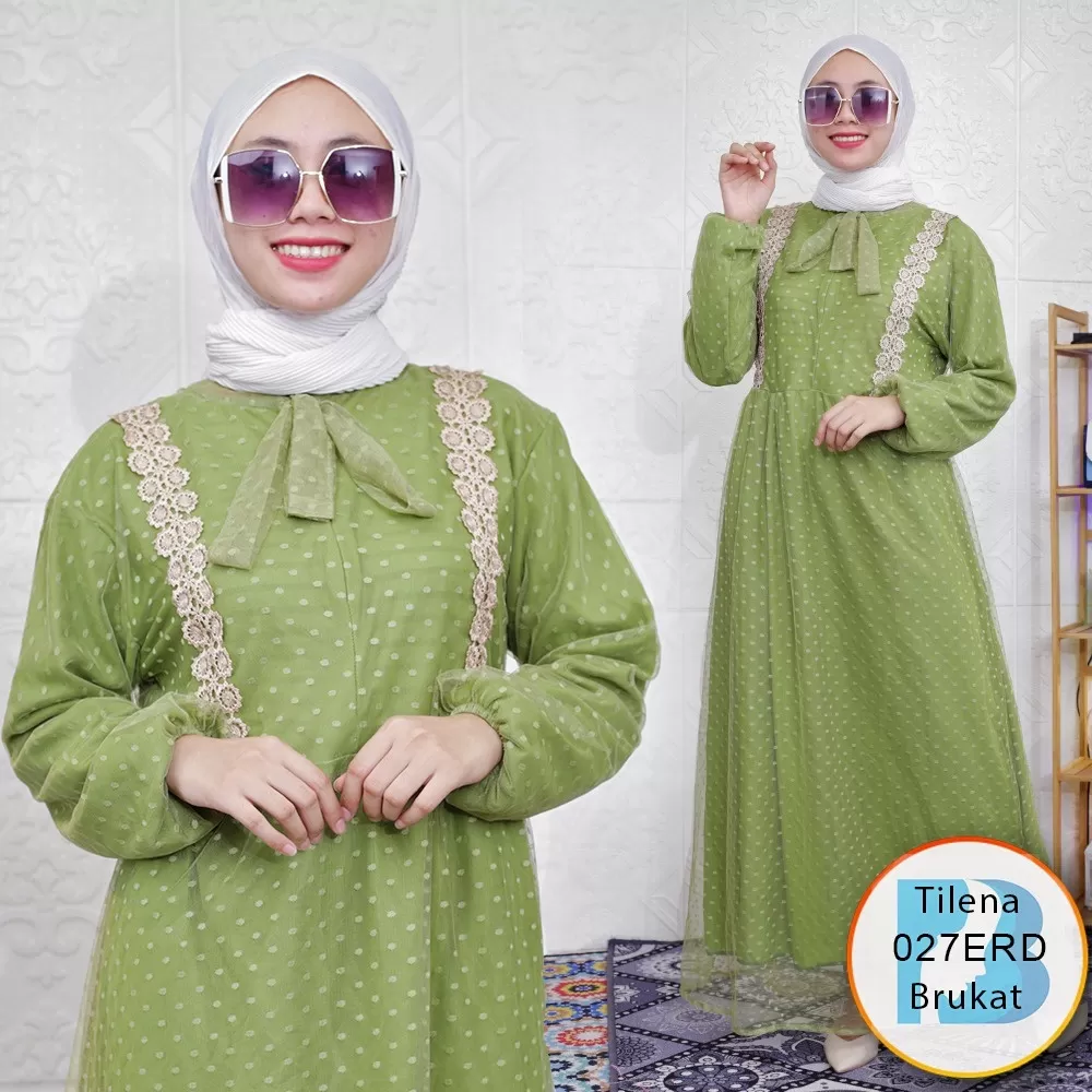 Gamis Pesta Brukat Tile Furing Tali Pita Leher Busui Sleting Variasi Renda Tilena