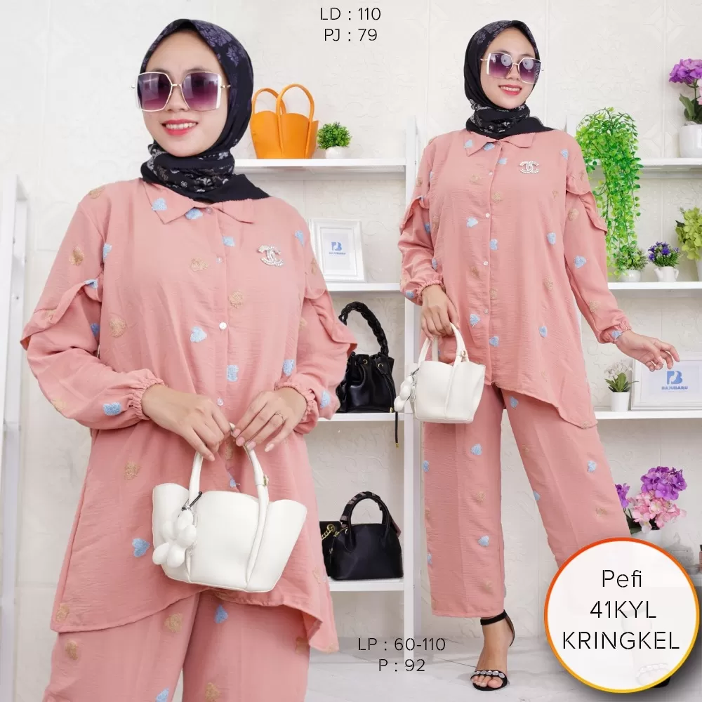 One Set Tunik Kringkel PomPom Rainbow Busui Full Kancing Leher Kerah Lengan Ruffle Pefi