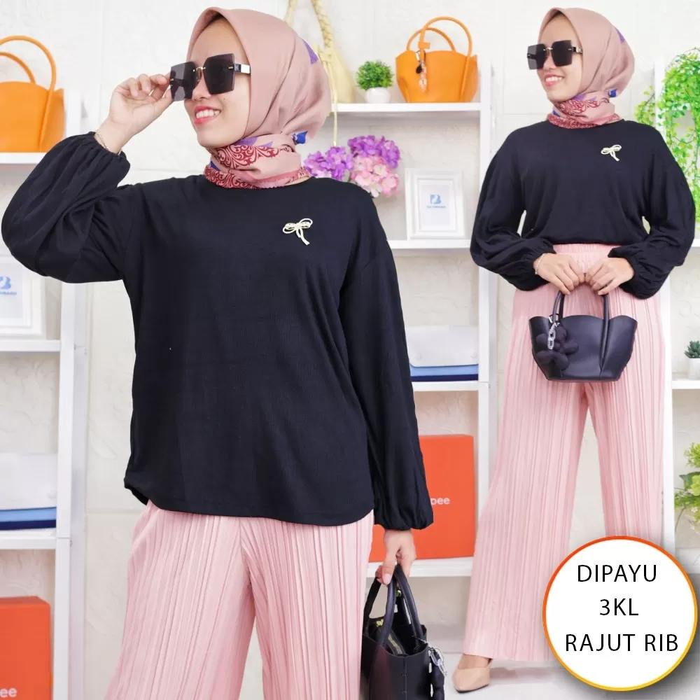 Blouse Rajut Polos Lengan Balon Pinggang Karet Dipayu 3KL Rajut Rib - bajubaru.id, Belanja Online di bajubaru.id saja 