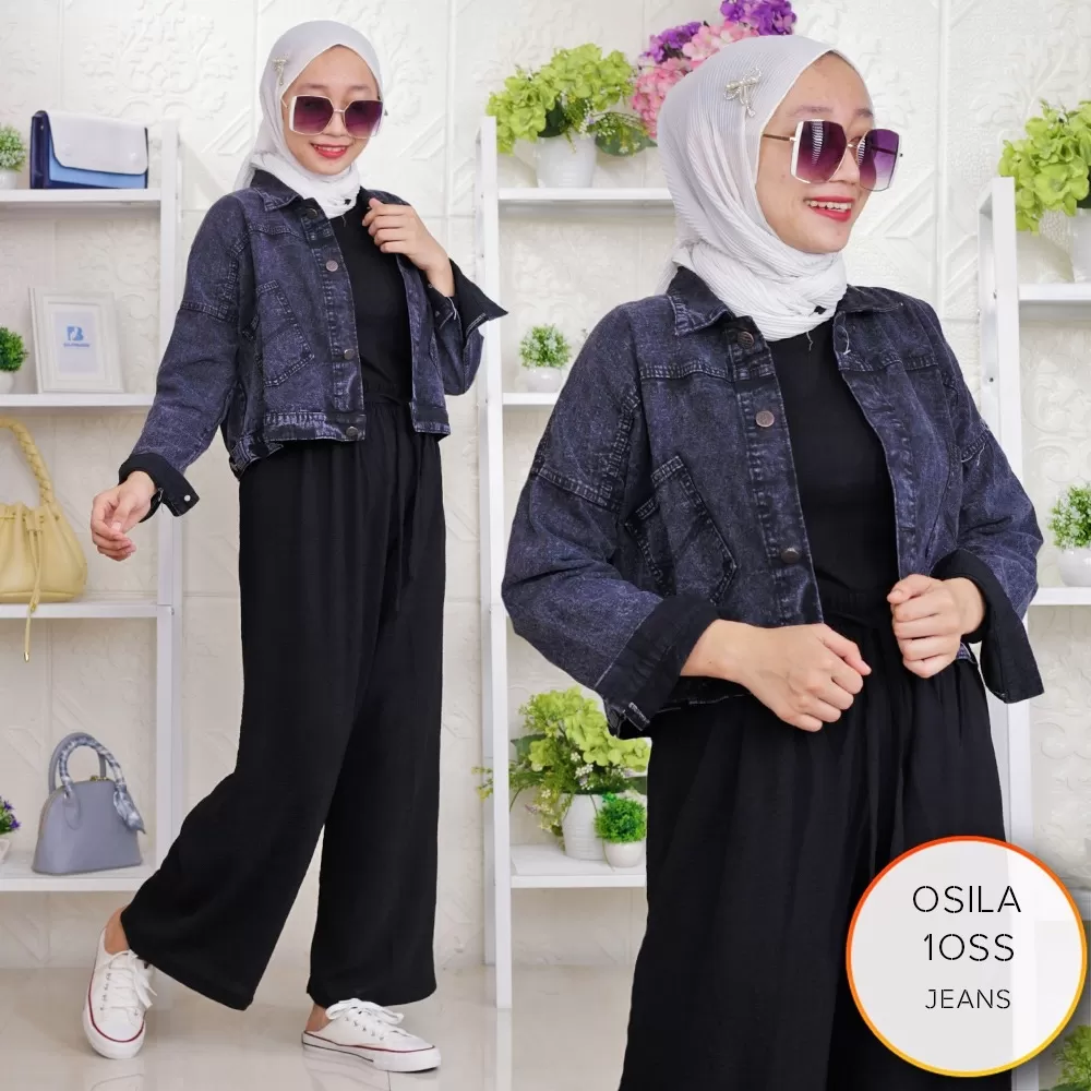 Jaket Jeans Crop Wanita Oversize Full Kancing Saku Depan Osila