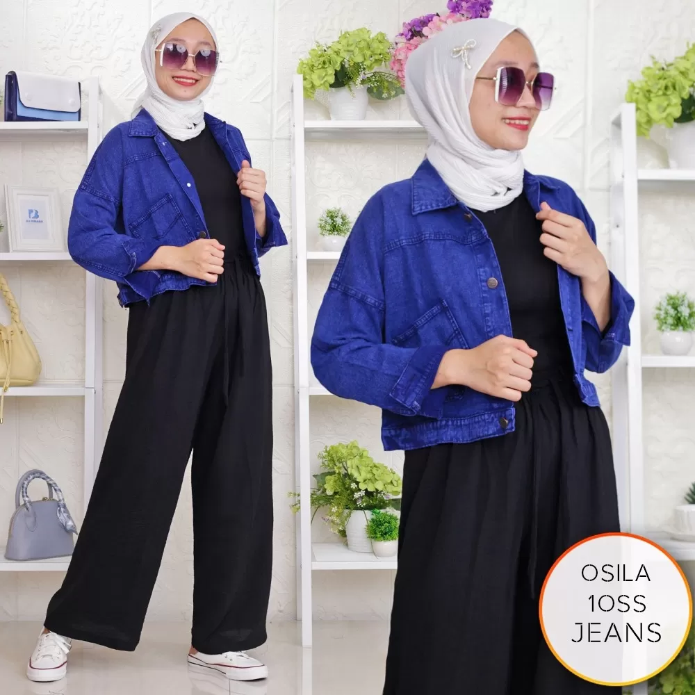 Jaket Jeans Crop Wanita Oversize Full Kancing Saku Depan Osila