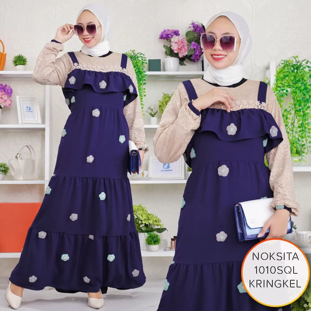 Gamis Premium Pompom Kringkel Mix Brukat Lembut Ruffle Rimpel Keliling Noksita