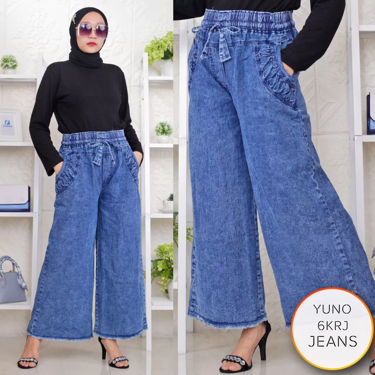 Celana Jeans Wanita Model Kulot Rawis Pingang Karet Tali Serut Yuno