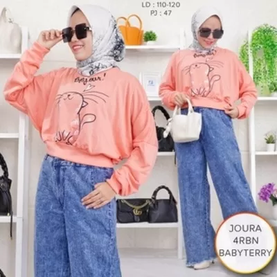 Sweater Crop Wanita Babyterry Motif Sablon Standar Joura