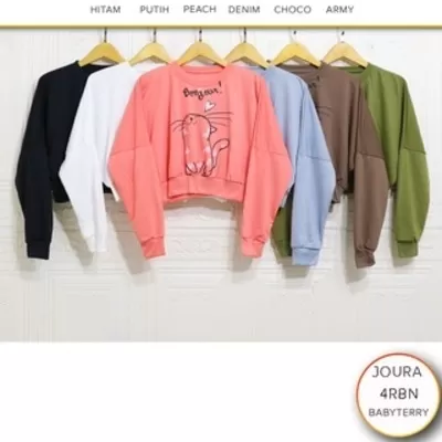 Sweater Crop Wanita Babyterry Motif Sablon Standar Joura