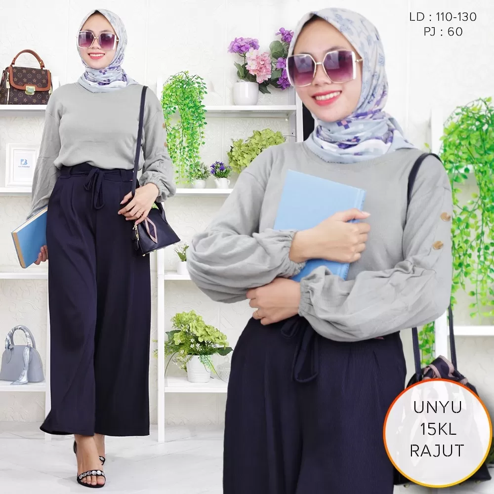 Blouse Rajut Oversize Lengan Balon Variasi Kancing Polos Unyu