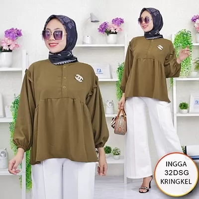 Blouse Kantor Korean Style Busui Kancing Tangan Balon Karet Kringkel Airflow Ingga