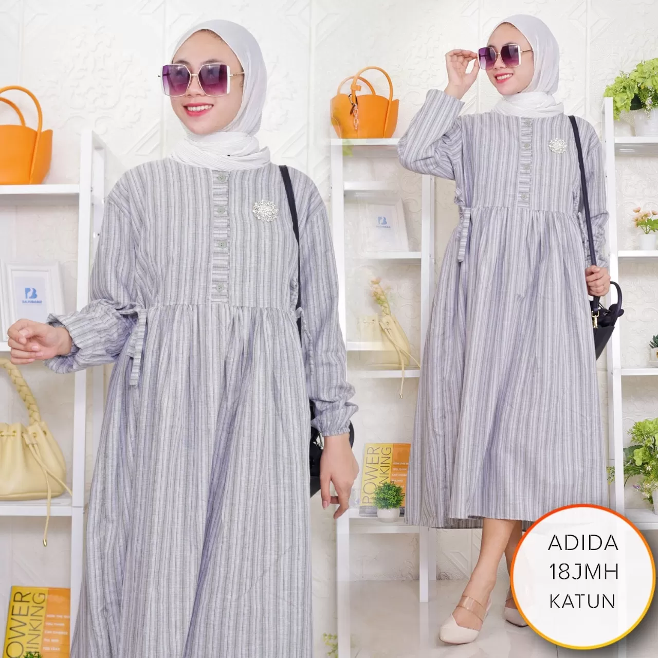 Midi Dress Busui Kancing Bahan Katun Salur Tali Pinggang Adida