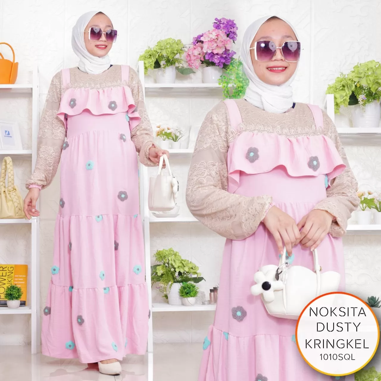 Gamis Premium Pompom Kringkel Mix Brukat Lembut Ruffle Rimpel Keliling Noksita