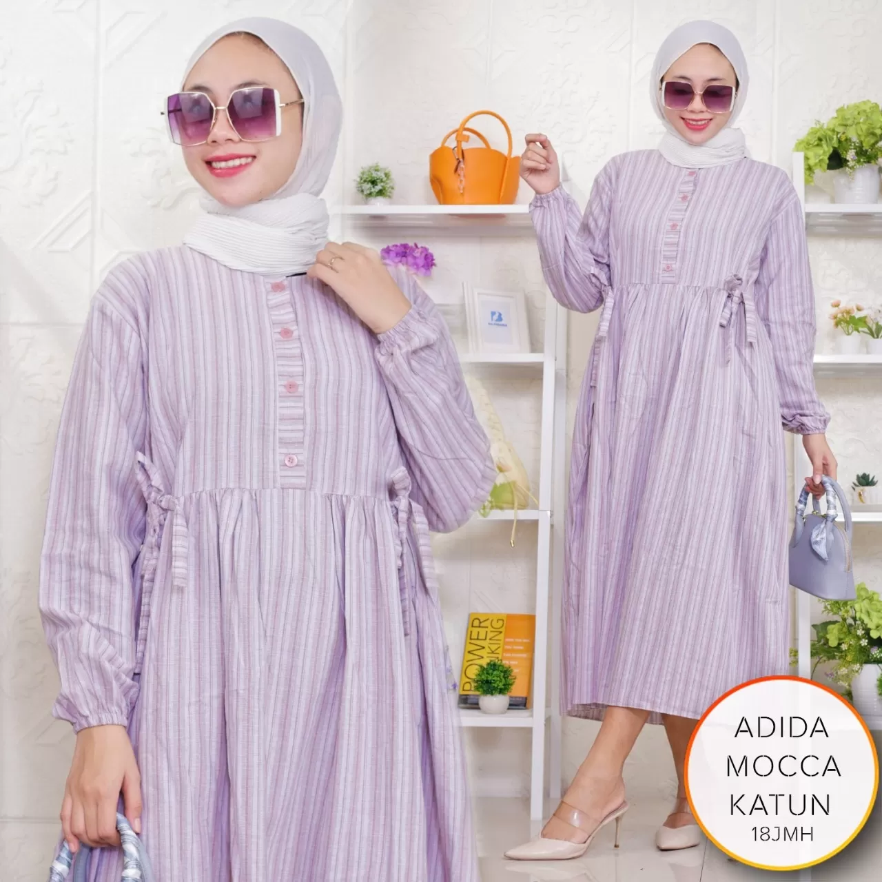 Midi Dress Busui Kancing Bahan Katun Salur Tali Pinggang Adida