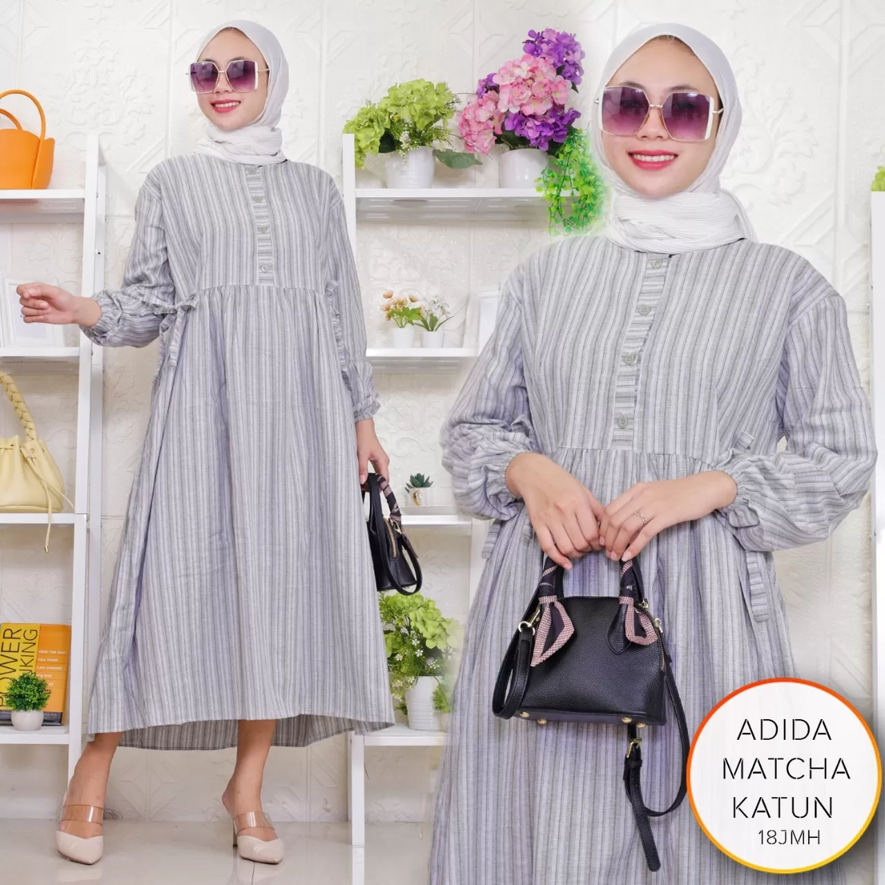 Midi Dress Busui Kancing Bahan Katun Salur Tali Pinggang Adida