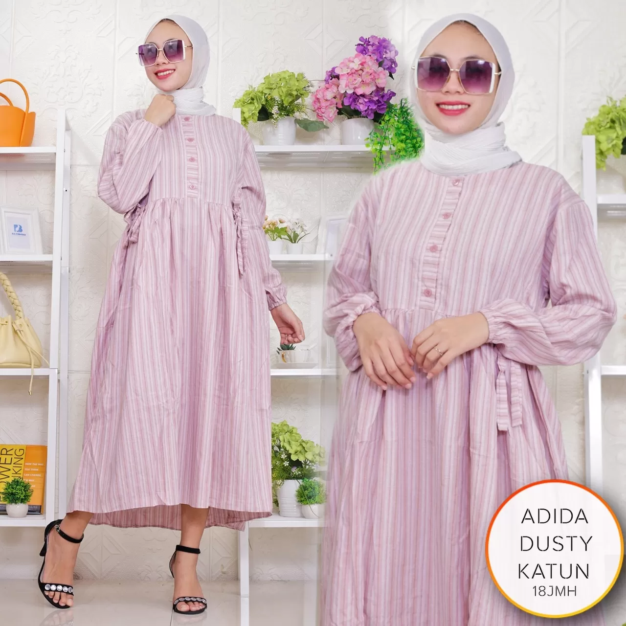 Midi Dress Busui Kancing Bahan Katun Salur Tali Pinggang Adida