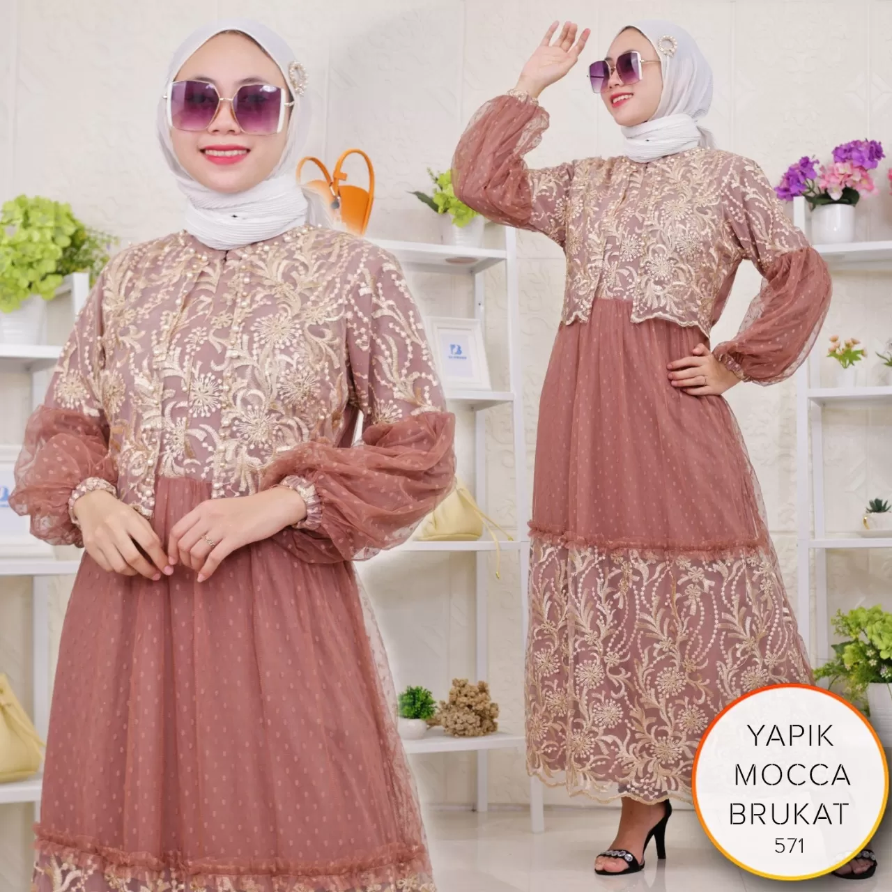 Gamis Pesta Brukat Mutiara Mix Tile Dot Busui Sleting Free Masker Yapik