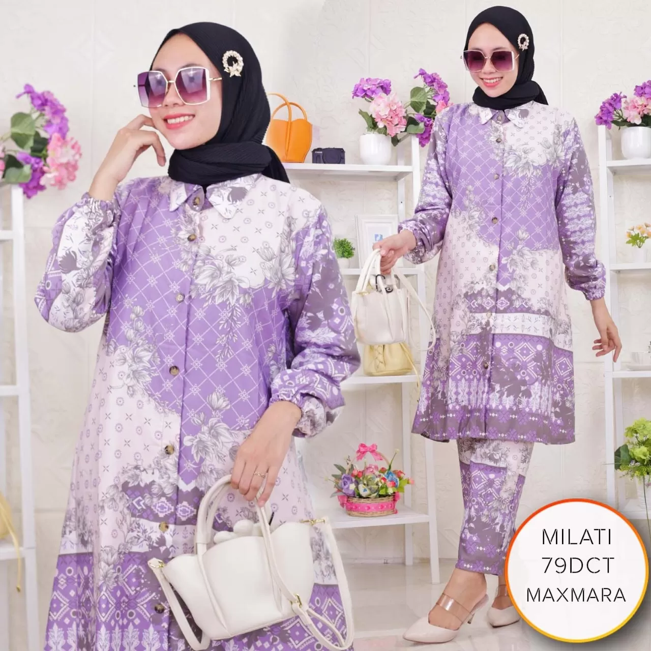 One Set Tunik Maxmara Virga Kerah Full Kancing Motif Bunga Milati