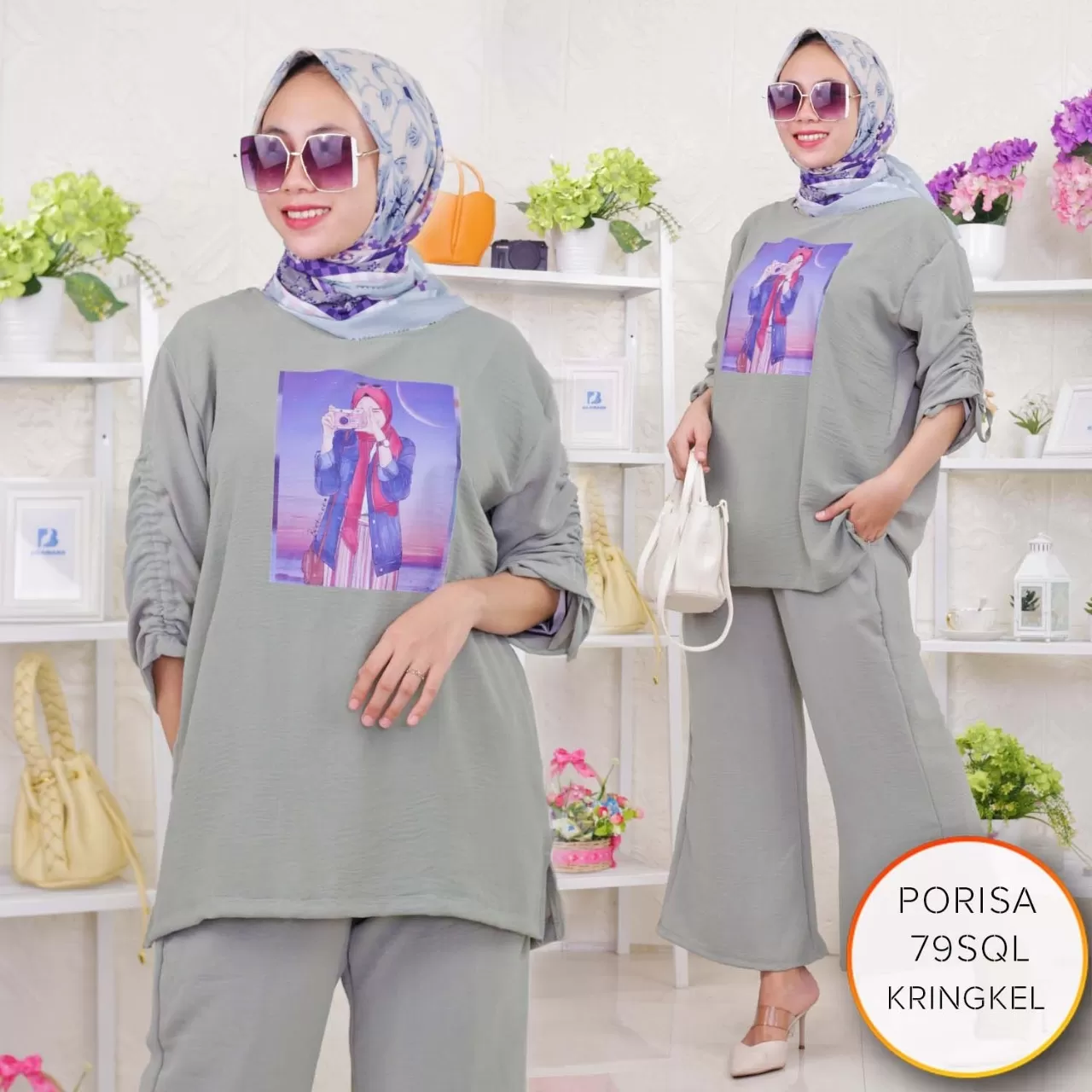 One Set Tunik Lengan Serut Kringkel Airflow Motif Sablon Porisa 21/3