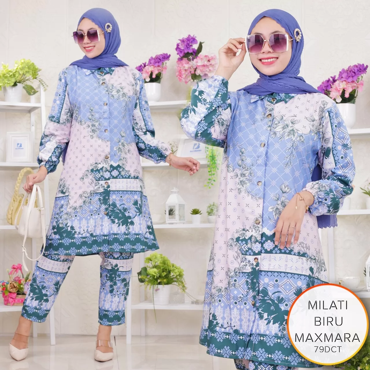 One Set Tunik Maxmara Virga Kerah Full Kancing Motif Bunga Milati