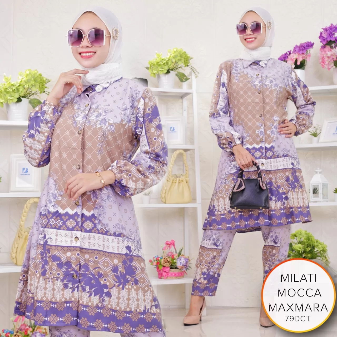 One Set Tunik Maxmara Virga Kerah Full Kancing Motif Bunga Milati