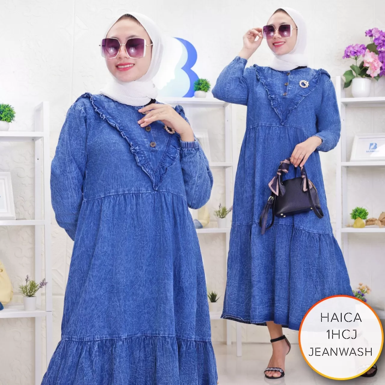 Midi Dress Jeans Busui Kancing Variasi Ruffle Depan Rimpel Bawah Keliling Haica T3 1hcj Jean wash - bajubaru.id, Belanja Online di bajubaru.id saja 